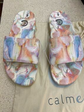 Johnny Was Calme Marble Print Slide Sandals in Pastel Rainbow